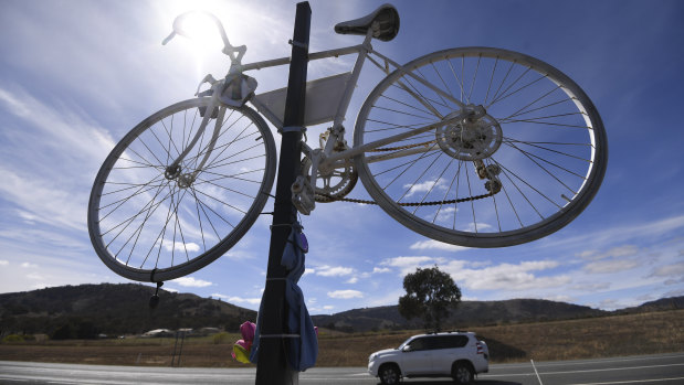 A "ghost bike" memorial in honour of Mike Hall south of Canberra. 
