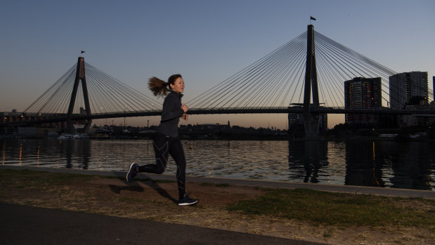 Jacqui Allen says the best part of her inner city running route is the views of the Sydney Harbour Bridge and the Anzac Bridge.