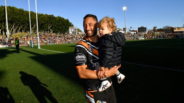 Benji Marshall with son Fox at  Leichhardt Oval for his 250th game.