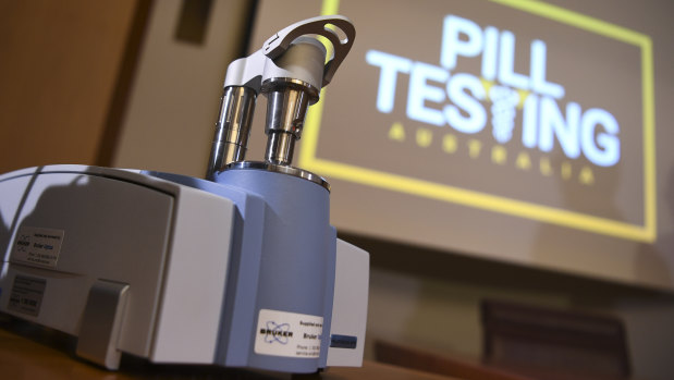 A Compact FTIR Spectrometer pill testing machine is seen during a demonstration event at Parliament House in Canberra.