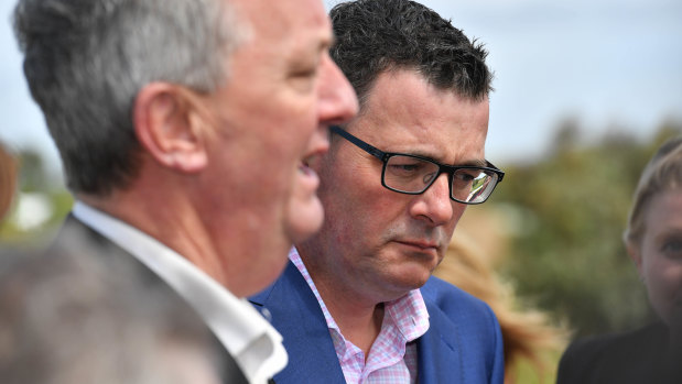Victorian Premier Daniel Andrews and Mental Health Minister Martin Foley, left, at the Kyneton men’s shed on Wednesday to announce a royal commission into mental health. 