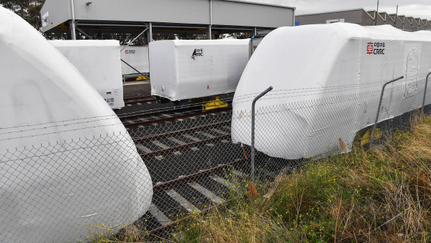 Carriages manufactured in China ready to be assembled in Downer's Newport rail yards.