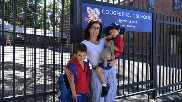 Catherine van der Veen with her sons Jonty, 7, and Darcy, 5, outside Coogee Public School. 