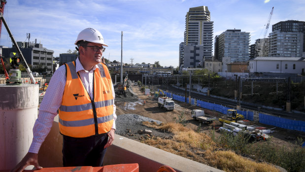 Premier Daniel Andrews visits the construction site at the southern end of the Metro tunnel.