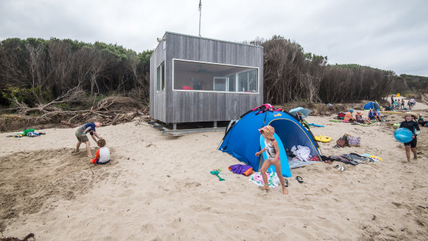 The Surf Lifesaving lookout at Inverloch surf beach is on skids so it can be moved back from the encroaching surf.