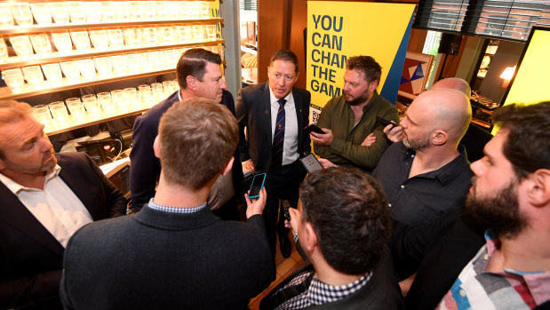 Phil Kearns and Hamish McLennan talk to the media in London in November as they ramp up Australia’s World Cup bid.