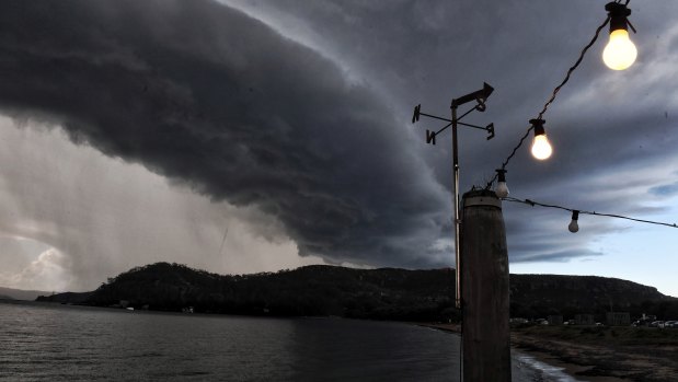 Storms form a shelf cloud over the Hawkesbury River at Palm Beach on Sunday. 