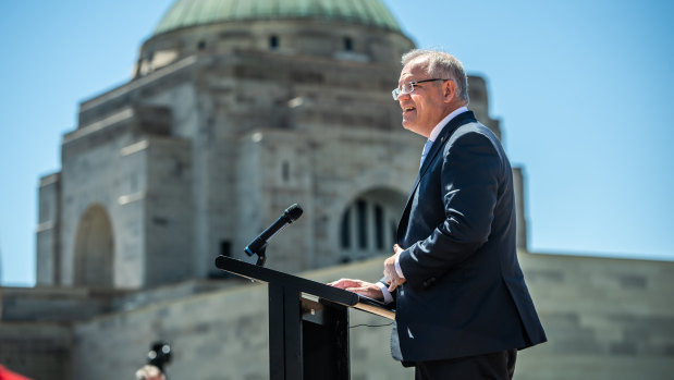 Prime Minister Scott Morrison speaks at the Australian War Memorial's concept design launch. 

