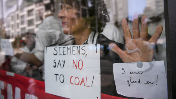 Protesters outside Siemens' office in Melbourne last month. 