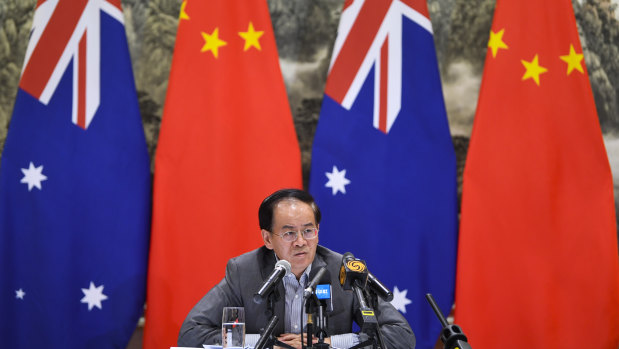 Chinese ambassador to Australia Cheng Jingye speaks to the media on Thursday. 