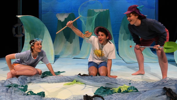 Magic Beach, from left, starring Jade Fuda as Lucy, Alex Packard as Danny and Kate Betcher as Toby ('not fish head') and staged by the State Theatre of Western Australia.