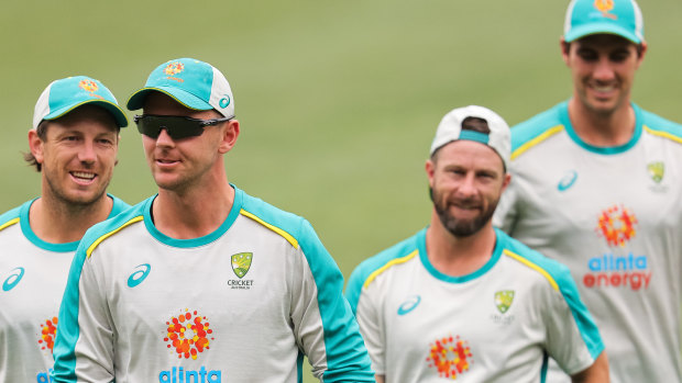 Josh Hazlewood, second from left, preparing for the first Test in Adelaide with teammates James Pattinson, Matthew Wade and Pat Cummins.