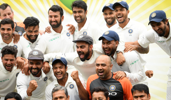 Trailblazers:  India celebrate a 2-1 Test series win against Australia at the SCG in January.