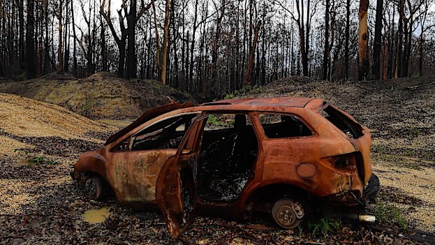 A burnt car that had been previously abandoned sits in Crowdy Bay National Park, which was hit by the Hillville fire.