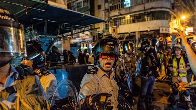 Riot police in the Sham Shui Po area in Kowloon on August 29.