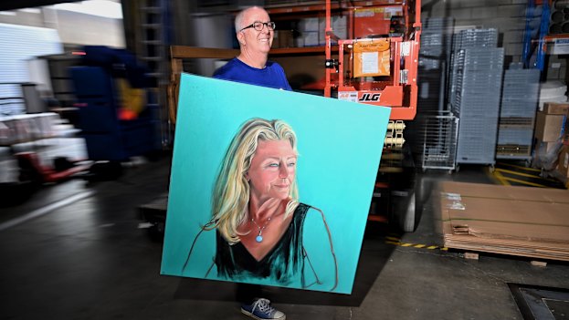 Artist John Klein delivers his portrait of actress Tina Bursill to the Art Gallery of NSW loading dock this week.