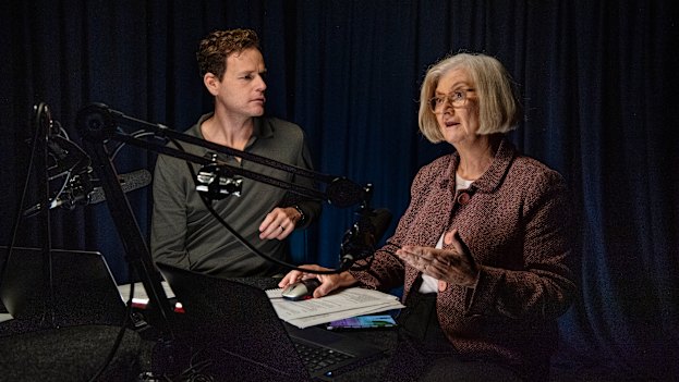 60 Minutes reporter Tom Steinfort with SMH journalist Kate McClymont recording the podcast Liar, Liar.