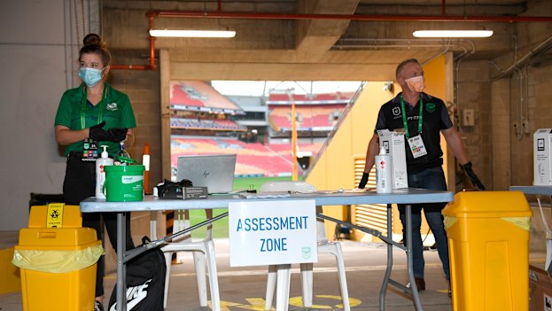 How the game restarted ... The Broncos and Eels clash on May 28 saw the NRL restart, with strict biosecurity rules in place.