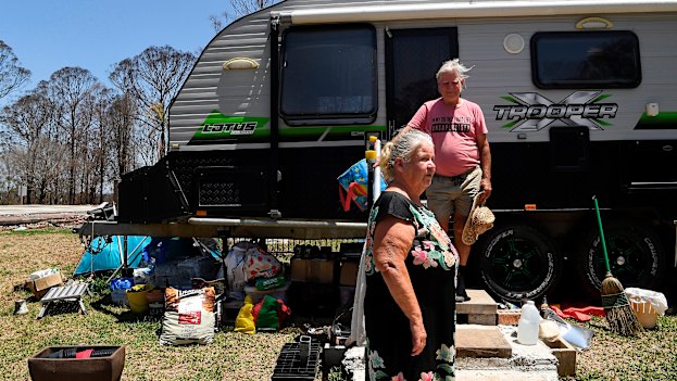 Gwenda and Keith Duncan moved into a caravan after the Hillville fire destroyed their home on November 8, 2019.