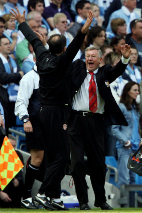 Ferguson celebrates during a clash with Manchester City in 2007.