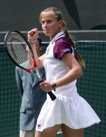 Jelena Dokic, at 16, on her way to a shock defeat of Martina Hingis 6-2, 6-0 at Wimbledon in 1999.