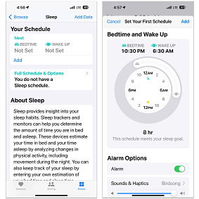 In Apple’s iOS Health app, you can set up a daily sleep schedule to help keep regular bedtime hours.