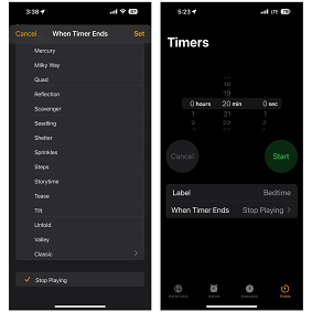 In the iOS Clock app, you can command the Timer feature to stop playing music when your specified time period runs out. You can also label and reuse timers.