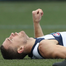 Geelong’s Selwood is knocked out.