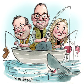 Fishing-friendly MPs Luke Gosling, Andrew Bragg and Rebekhah Sharkie.  Illustration: John Shakespeare 