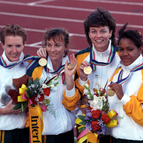 Women's 4x100m relay team at the 1990 Commonwealth Games in Auckland. Monique Dunstan, Kathy Sambell, Kerry Johnson and Cathy Freeman. 