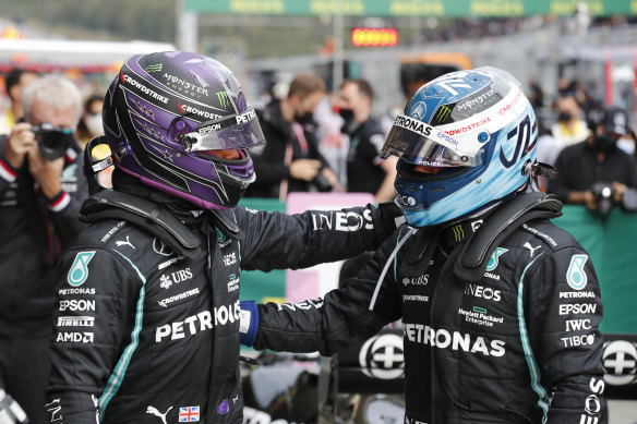 Mercedes driver Lewis Hamilton (left) qualified on pole but teammate Valterri Bottas (right) will take first place on the grid due to a penalty for Hamilton.