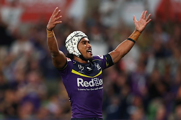 Two-try fullback Sua Fa’alogo celebrates as the Storm pile on the points on Thursday night.