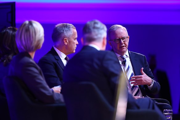 Prime Minister Anthony Albanese, UK PM Sir Keir Starmer, Canadian PM Mark Carney and Prime Minister of Iceland Kristrún Frostadóttir at the Global Progress Action Summit.