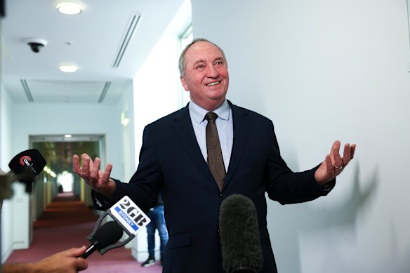 Member for New England Barnaby Joyce speaks to the media about dropping Australia’s goal to reach net zero at Parliament House in Canberra. 