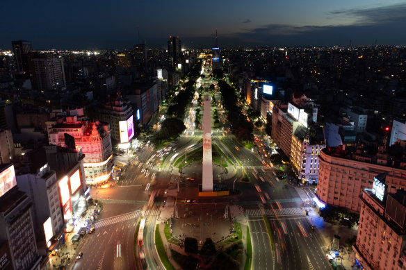 The Buenos Aires Obelisk is illuminated with a projection of Pope Francis portrait on one side.