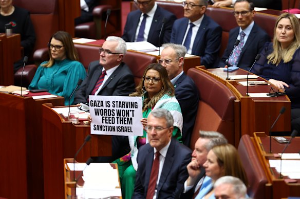 Senator Mehreen Faruqi holds a sign reading “Gaza is starving, words won’t feed them, sanction Israel”, as Governor-General Samantha Mostyn addresses both houses. 