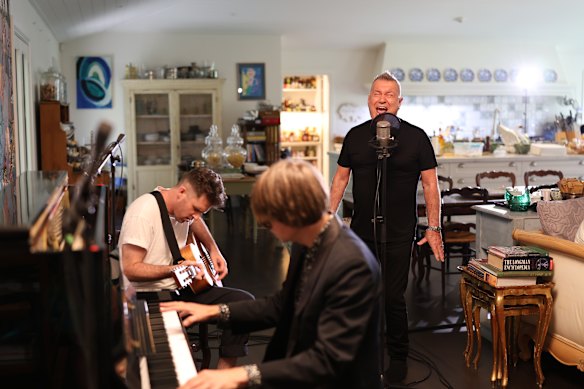 Jimmy Barnes, Benjamin Rodgers (guitar) and Clayton Doley lay down a track for the film.
