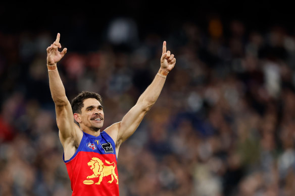 Charlie Cameron takes in the moment after Brisbane’s win over Geelong.