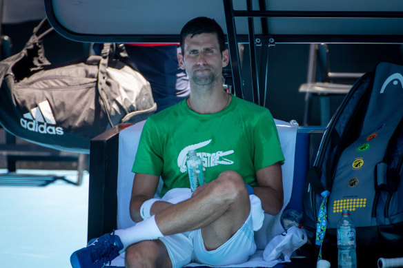Djokovic down at Rod Laver Arena for practice on Thursday.