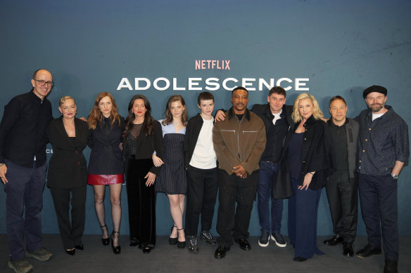 Screenwriter Jack Thorne (left) with director Philip Barantini (far right) and the cast at the London screening of Adolescence.