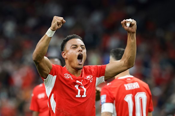 Switzerland’s Dan Ndoye (11) celebrates a goal.