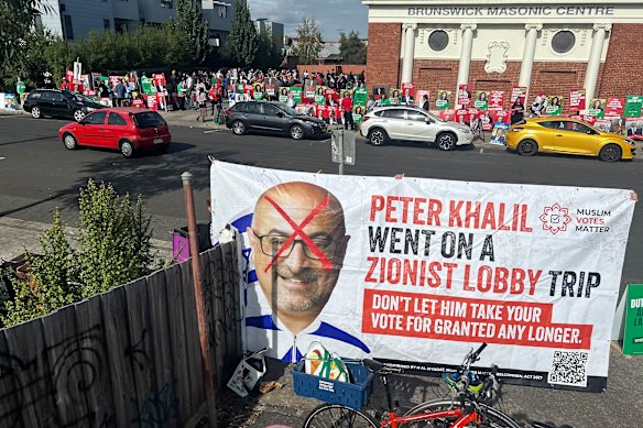 A Muslim Votes Matter sign in front of Brunswick’s Davies Street pre-polling booths.