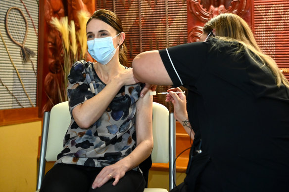 New Zealand Prime Minister Jacinda Ardern receives her first Pfizer vaccination on Friday. Ardern’s first dose comes just over four months after the first person was vaccinated in New Zealand.