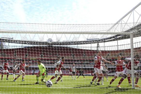 Arsenal’s Eddie Nketiah scores late against Fulham at the Emirates.