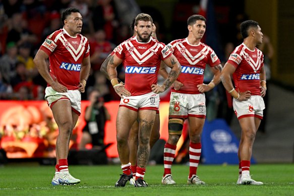 The Dolphins cut dejected figures in their Magic Round clash with the Sydney Roosters.