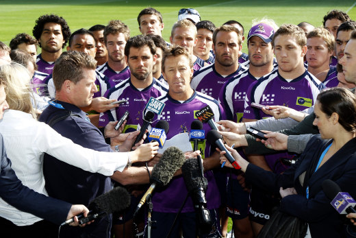 Craig Bellamy reads a statement in front of Melbourne players in April 2010 after the cap penalties were announced.