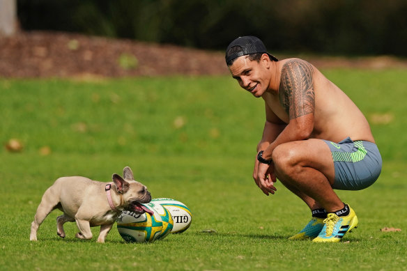 Matt Toomua training with his dog Maggie in Melbourne during the lockdown.