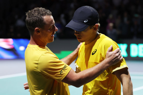 Lleyton Hewitt congratulates Alex de Minaur on his Davis Cup win.