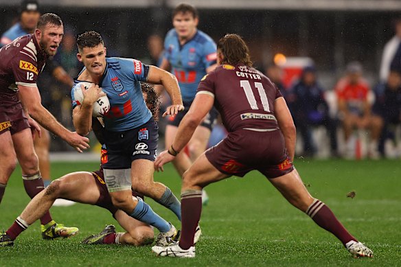 Nathan Cleary had his right leg strapped during the game.