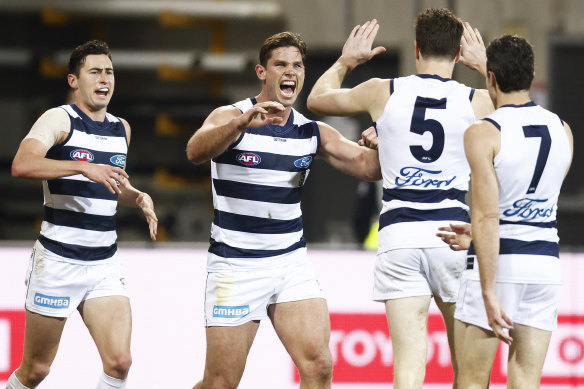 Tom Hawkins lets his emotions flow after booting a goal.